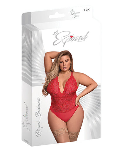 Risque Business Lace &amp; Mesh Teddy w/Snap Crotch Red QN
