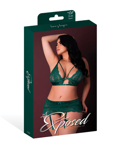 Evermore Bralette w/Skirt Garter &amp; Thong 3 pc Set - Emerald QN