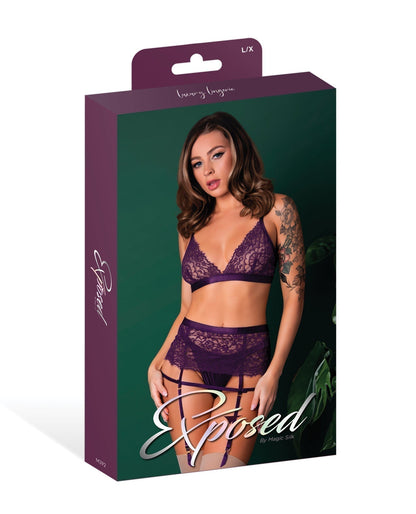 Leather &amp; Lace Stretch Mesh and Lace Bralette w/Garter &amp; Thong 3 pc Set - Plum L/XL