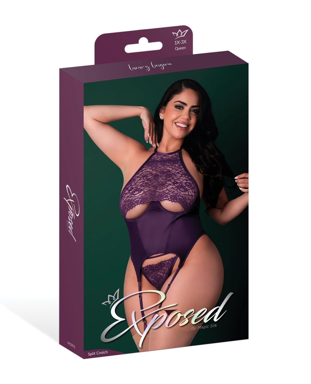 Leather &amp; Lace Stretch Mesh and Lace Underboob Cutout Corset &amp; Panty 2 pc Set - Plum 2X