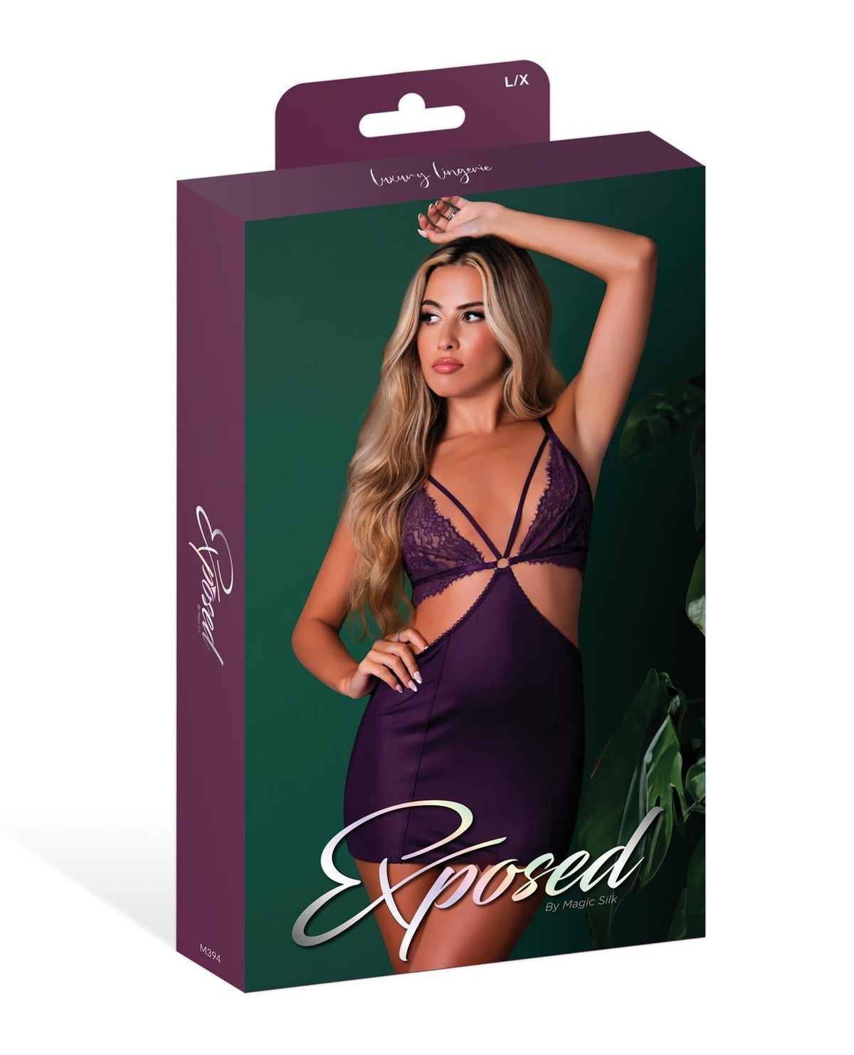 Leather &amp; Lace Stretch Mesh and Lace Chemise w/Thong 2 pc Set - Plum L/XL