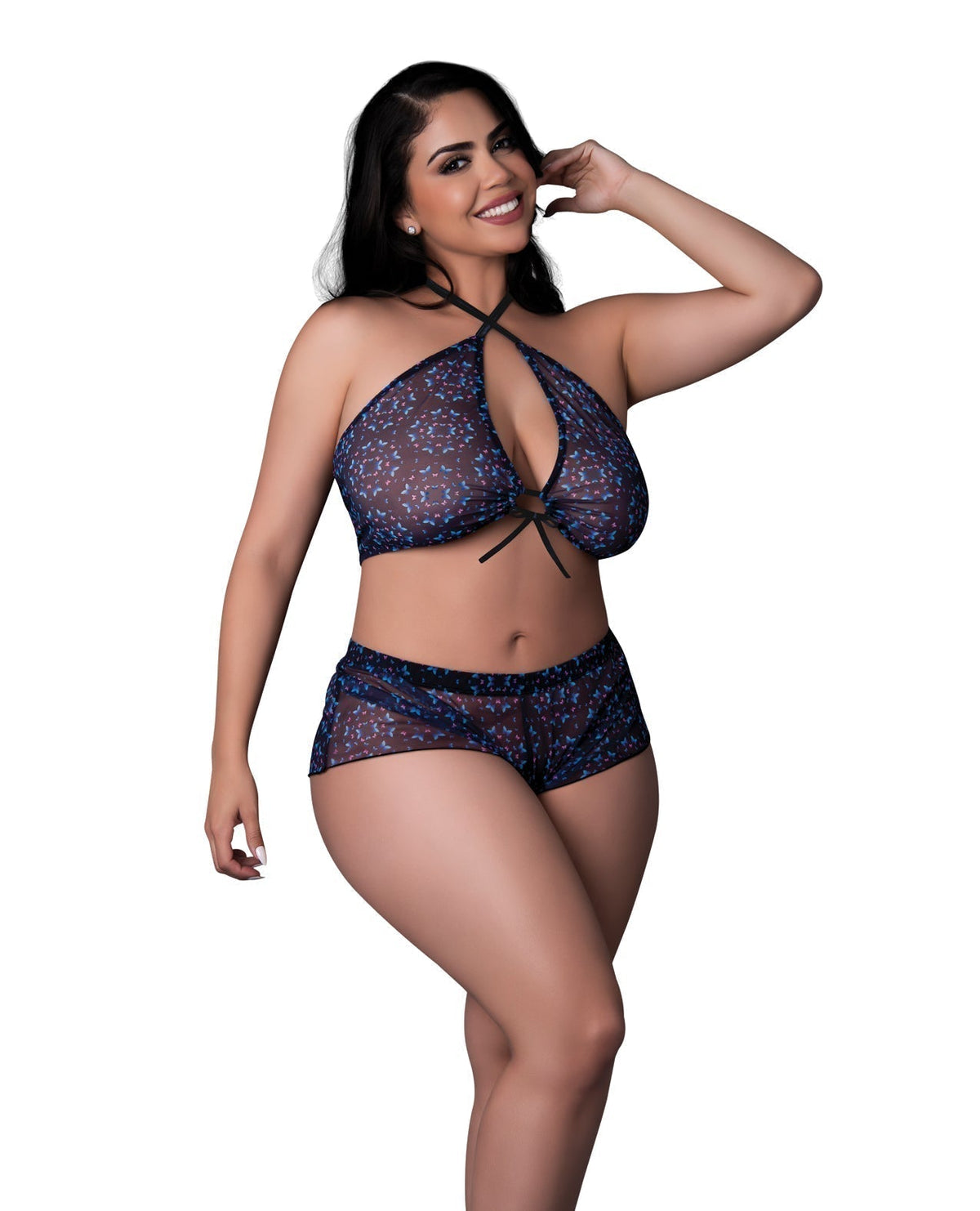 Hazy Dayz Butterfly Blacklight Reflective Halter Top &amp; Short 2 pc Set - Black Multi QN