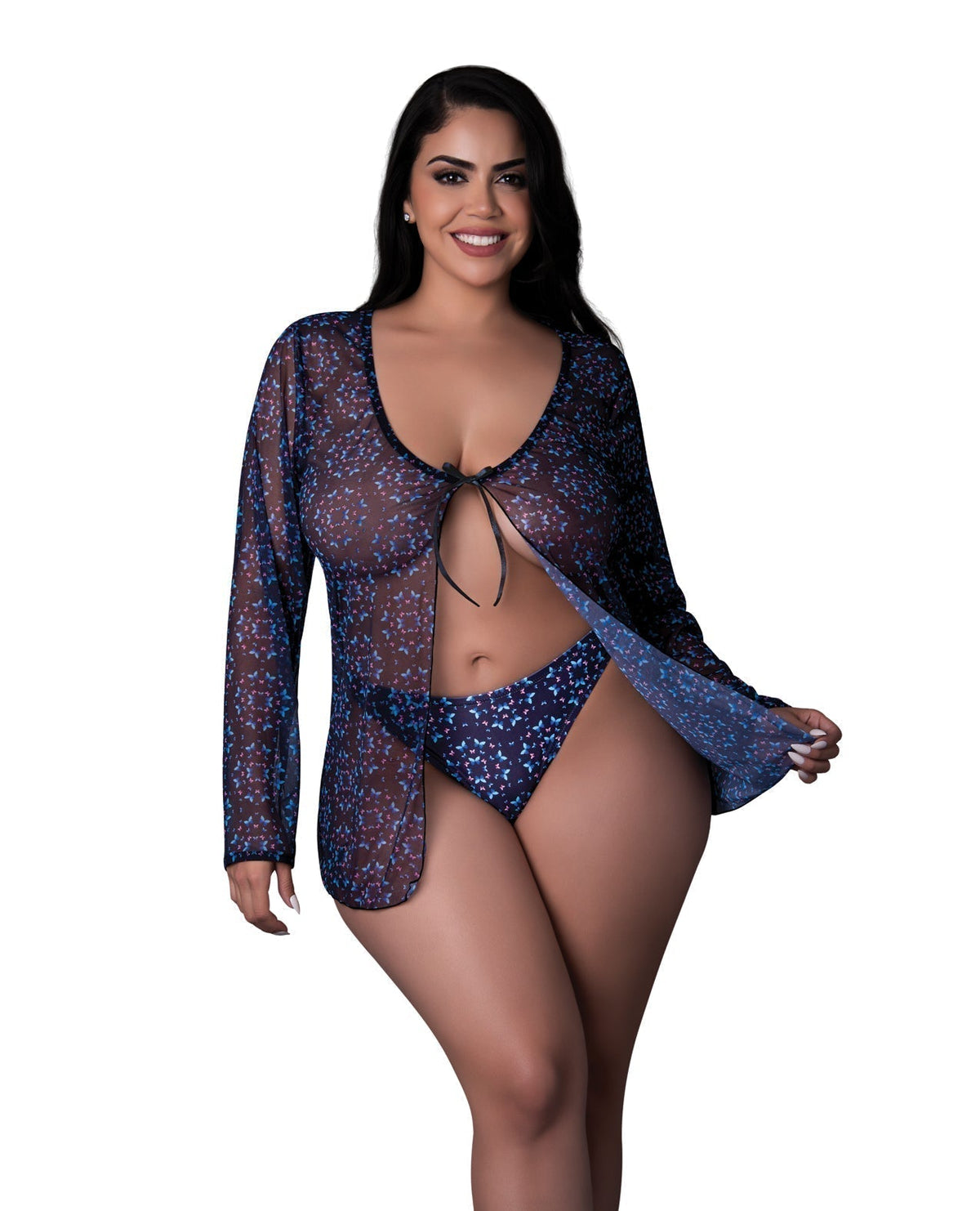 Hazy Dayz Butterfly Blacklight Reflective Tie Front Top &amp; Thong 2 pc Set - Black Multi QN