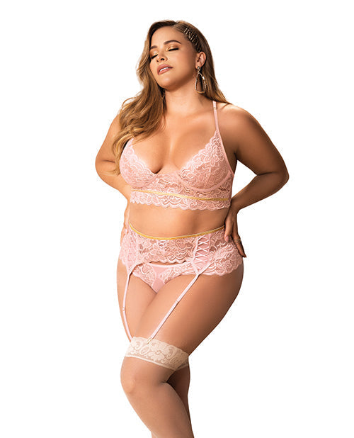 Lace Underwire Bra, Thong &amp; Garterbelt w/Lace Up Detail Rose 1X/2X