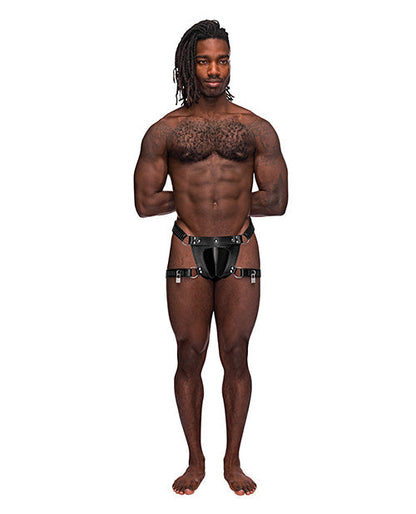 Leather Scorpio Adjustable Waist &amp; Leg Band Thong Black O/S