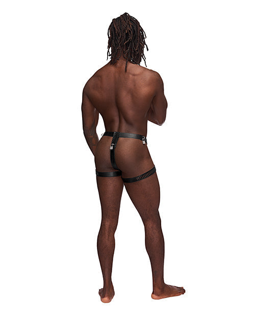 Leather Scorpio Adjustable Waist &amp; Leg Band Thong Black O/S
