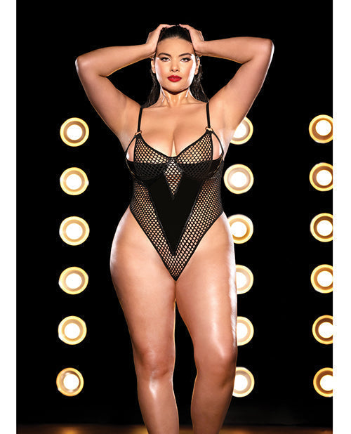 FETISH Frisky Fishnet &amp; Vinyl Shelf Cup Peek A Boo Teddy Black 2X