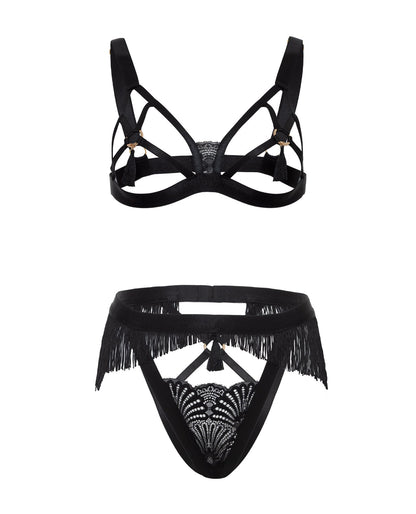 Annika Open Cup 2 pc Set w/Fringe and Tassel Detail - Black S/M