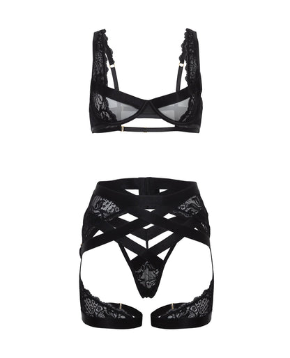 Thalia Mesh &amp; Lace Underwire 3 pc Set - Black SM