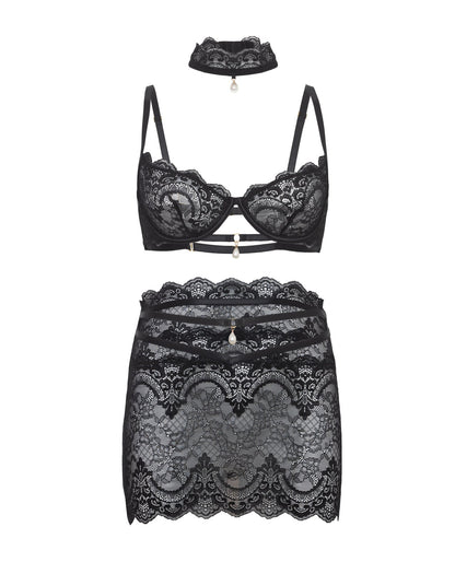 Perla Lace 3 pc Set w/Pearl Details - Black S/M