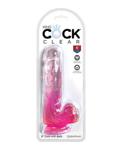 King Cock Large Dildo | Clear 6" Big Dildo with Balls | Pink Dildo | Suction Cup Dildo