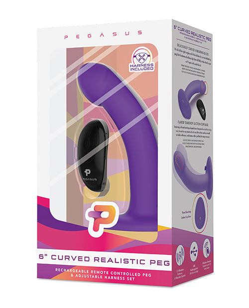 Pegasus 6" Rechargeable Curved Peg w/Adjustable Harness &amp; Remote Set - Purple