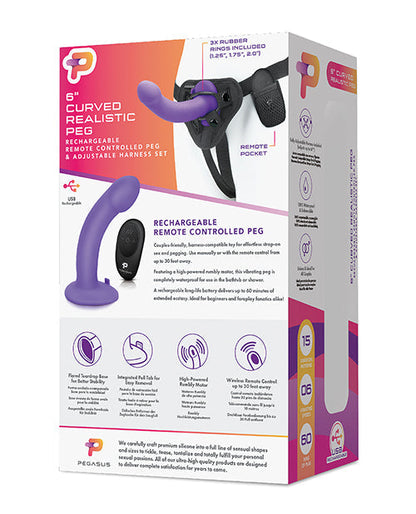Pegasus 6" Rechargeable Curved Peg w/Adjustable Harness &amp; Remote Set - Purple
