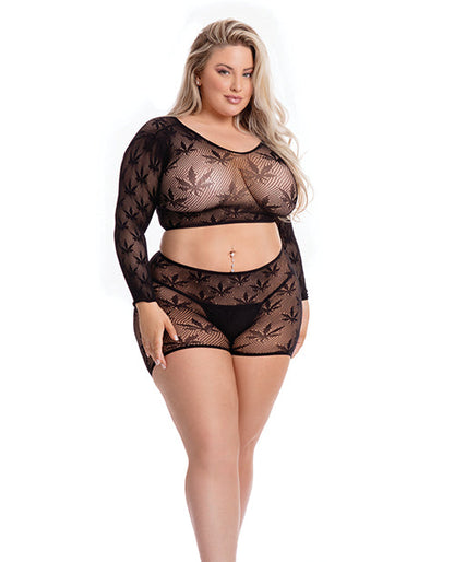 Pink Lipstick Leaf it to Me Long sleeve Crop Top &amp; Short Black QN
