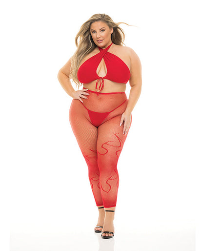 Pink Lipstick Gives You Hell Halter Bra, Pantyhose &amp; G-String Red QN