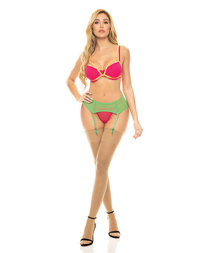 Pink Lipstick Come to Me Bra, Garter Belt &amp; G-String Neon M/L