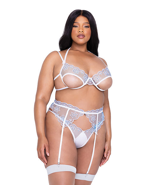 Holiday Snow Queen Metallic Snowflake Embroidered Bra &amp; High Waisted Thong Blue/White 1X