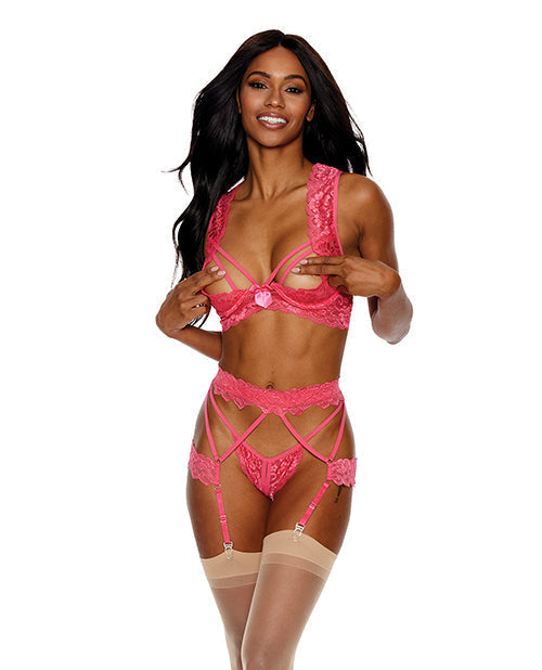 Lace Underwire Peek a Boo Bra, Garterbelt &amp; G-String Coral XXL