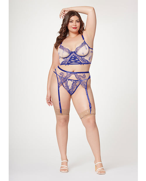 Sheer Stretch Mesh w/Floral Contrast Embroidery Bustier, Garter Belt &amp; Thong Blue/Nude 1X/2X