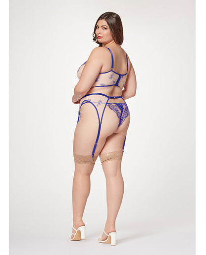 Sheer Stretch Mesh w/Floral Contrast Embroidery Bustier, Garter Belt &amp; Thong Blue/Nude 1X/2X