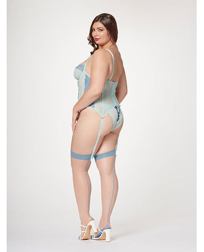Lace &amp; Mesh Bustier w/Lace Up Center, Garter Belt &amp; Thong Blue 3X/4X