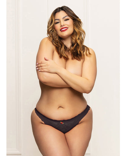 Lace Panty w/Heart Cut Out Back &amp; Pearl Chain Detail - Black 1X/2X