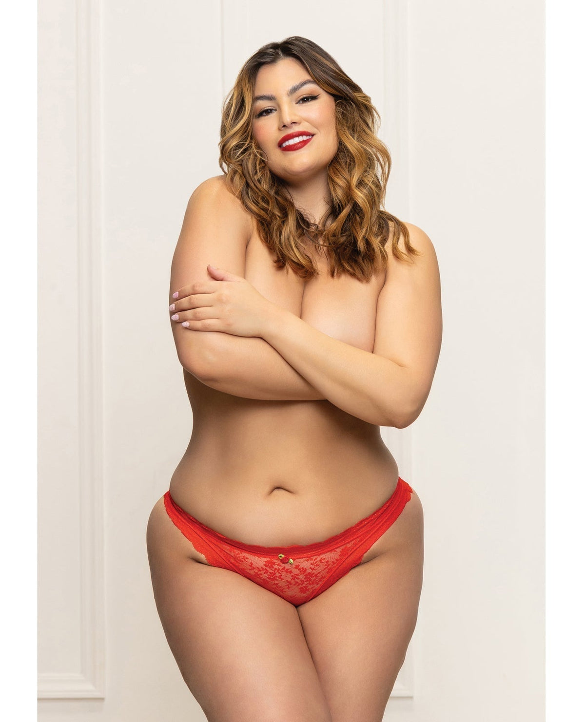 Lace Panty w/Heart Cut Out Back &amp; Pearl Chain Detail - Red 1X/2X