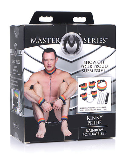 Master Series Kinky Pride Rainbow Bondage Set - Wrist &amp; Ankle Cuffs &amp; Collar w/Leash