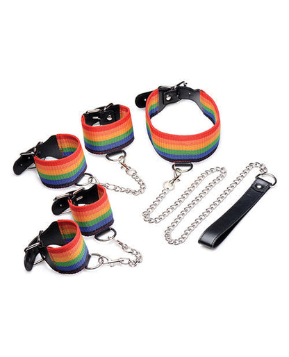 Master Series Kinky Pride Rainbow Bondage Set - Wrist &amp; Ankle Cuffs &amp; Collar w/Leash