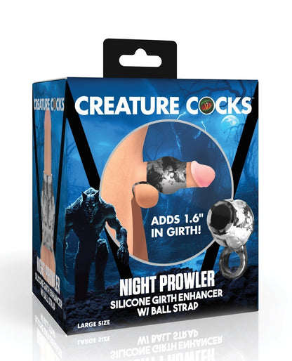 Creature Cocks Night Prowler Silicone Penis Sleeve &amp; Ball Stretcher - Large, Silver/Black