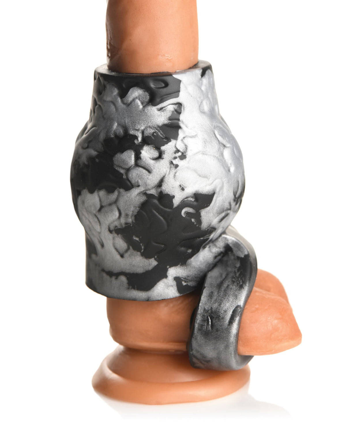 Creature Cocks Night Prowler Silicone Penis Sleeve &amp; Ball Stretcher - Large, Silver/Black
