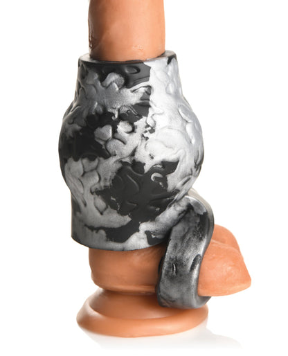 Creature Cocks Night Prowler Silicone Penis Sleeve &amp; Ball Stretcher - Large, Silver/Black