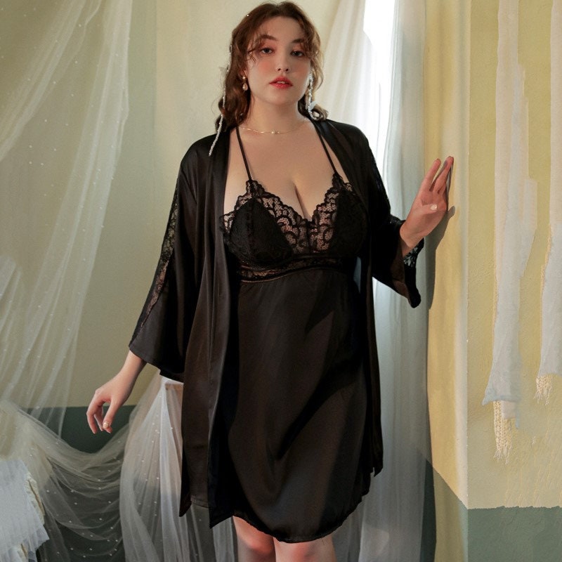 Luxurious Lace Satin Bridal Lingerie Set with Nightgown &amp; Robe - 7 Colors Next Day Shipping
