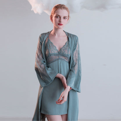 Luxurious Lace Satin Bridal Lingerie Set with Nightgown &amp; Robe - 7 Colors Next Day Shipping