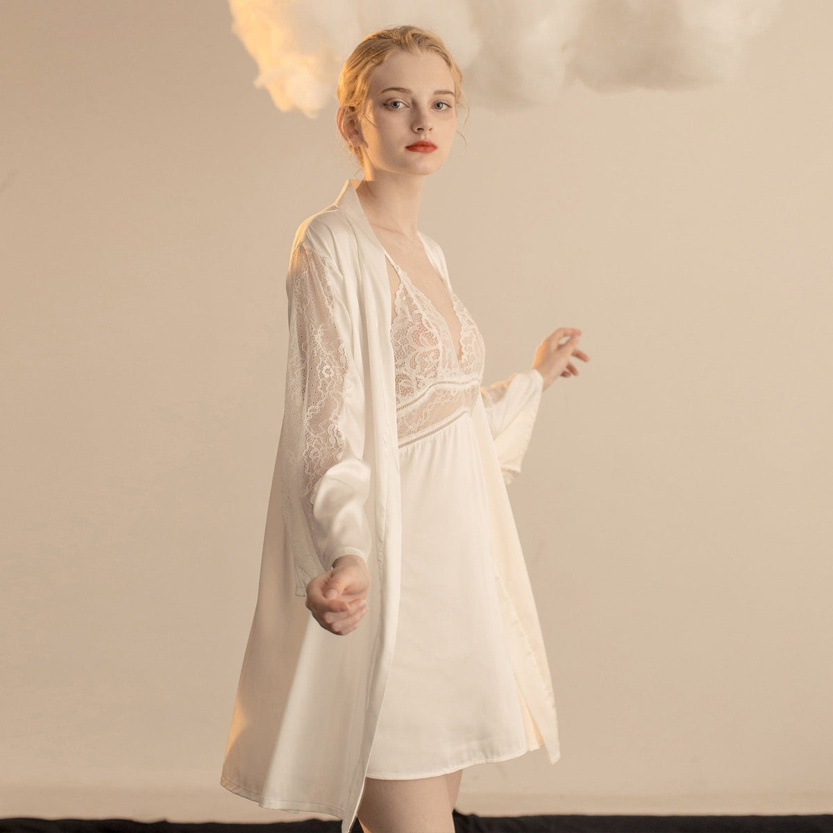 Luxurious Lace Satin Bridal Lingerie Set with Nightgown &amp; Robe - 7 Colors Next Day Shipping