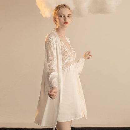 Luxurious Lace Satin Bridal Lingerie Set with Nightgown &amp; Robe - 7 Colors Next Day Shipping