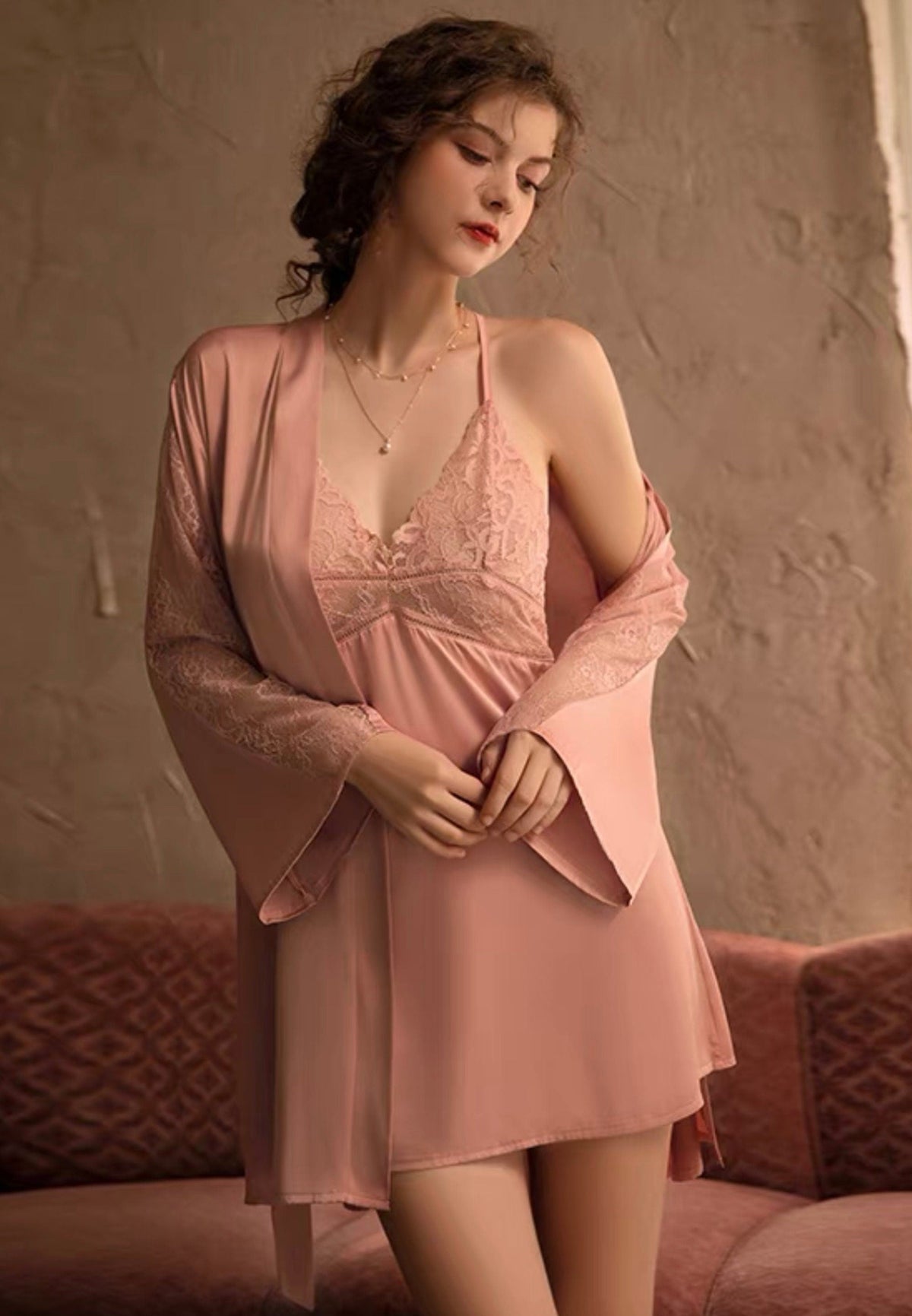 Luxurious Lace Satin Bridal Lingerie Set with Nightgown &amp; Robe - 7 Colors Next Day Shipping
