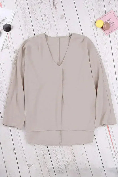 Elegant Apricot V Neck 3/4 Sleeve High Low Hem Shirt