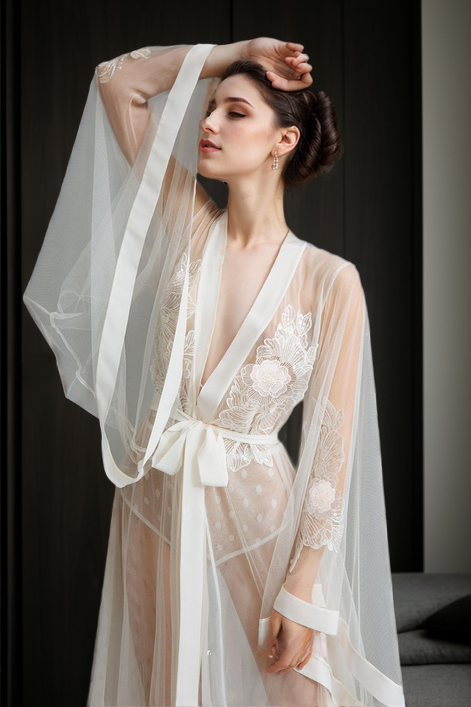 Elegant Sheer Lace Bridal Robe with Floral Embroidery and Satin Tie