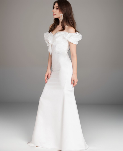 Elegant ruffled off the shoulder trumpet Italy silky satin simple wedding dress little white dress