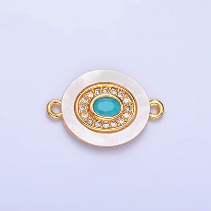 Colorful CZ Evil Eye Freshwater Pearl Gold Bezel Connector, Evil Eye Oval Shaped Gold Filled Double Bail Link Connector | F823