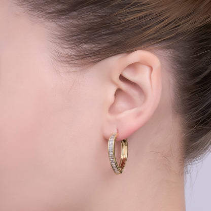 24K Gold Filled 25mm Clear CZ Baguette Navette Triangle Hoop Earrings | T155