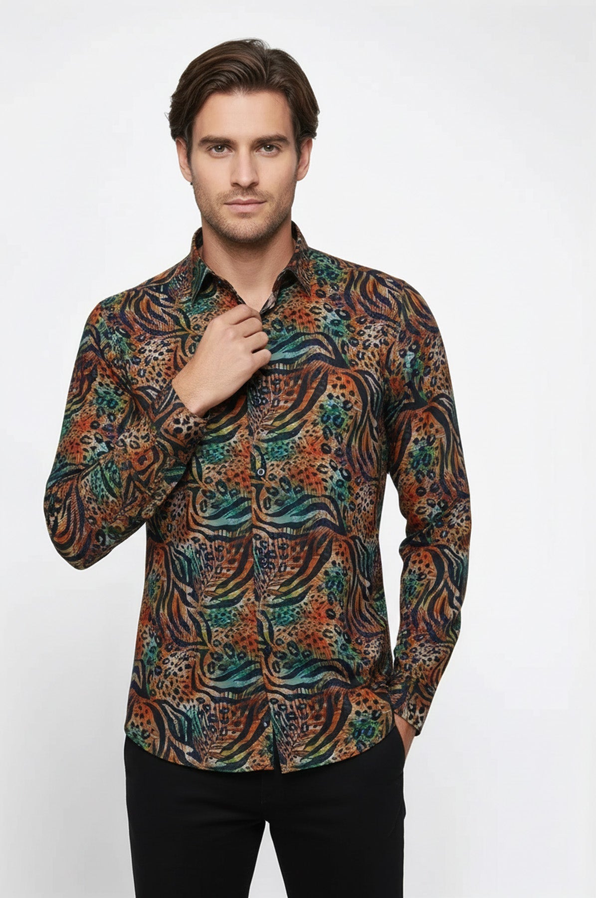 Animal Patterned Long Sleeves Multicolor Men Shirt - Wessi