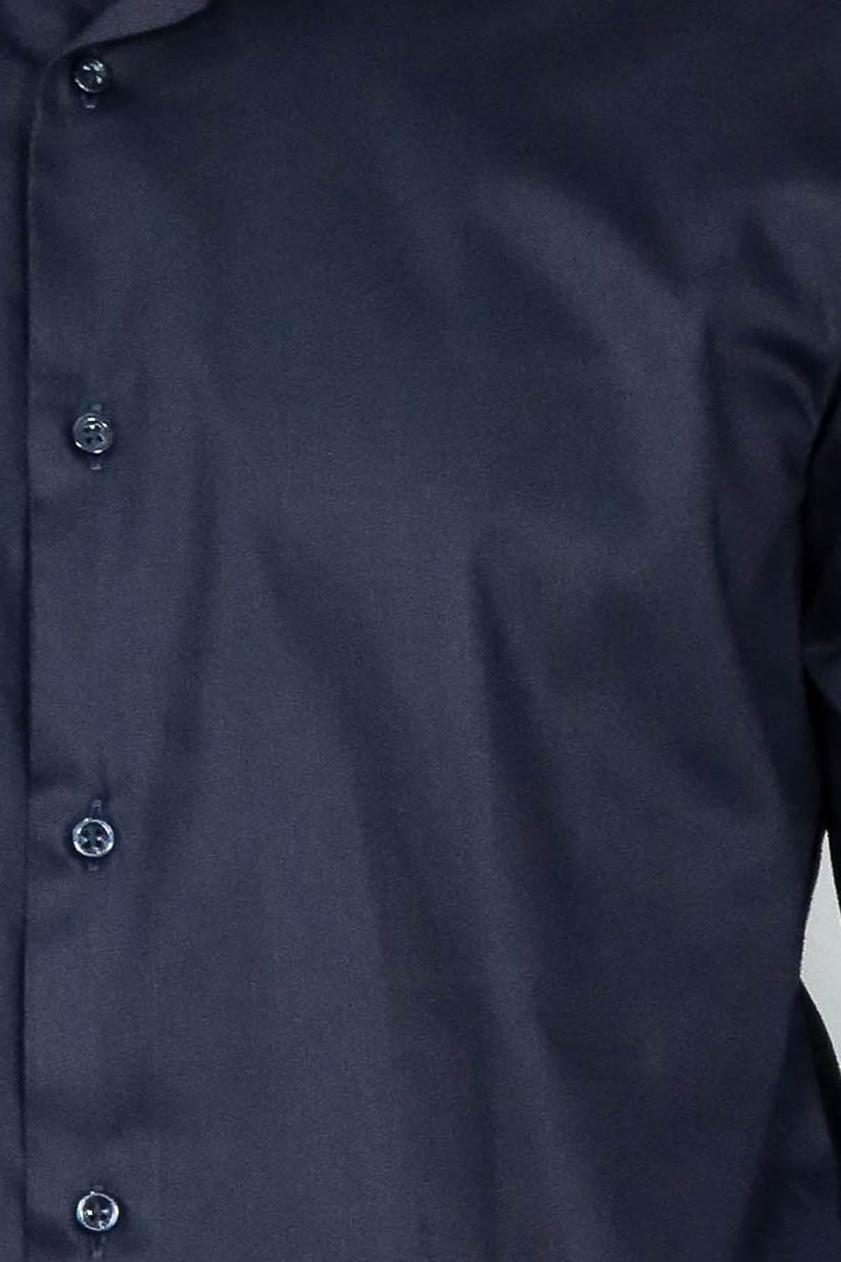 Cotton Satin Slim Fit Long Sleeves Plain Navy Blue Men Shirt - Wessi