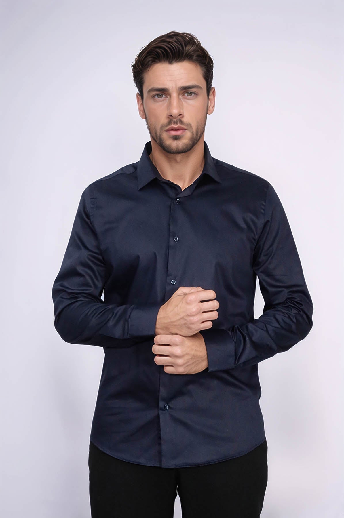 Cotton Satin Slim Fit Long Sleeves Plain Navy Blue Men Shirt - Wessi