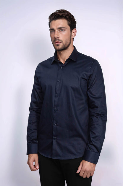 Cotton Satin Slim Fit Long Sleeves Plain Navy Blue Men Shirt - Wessi