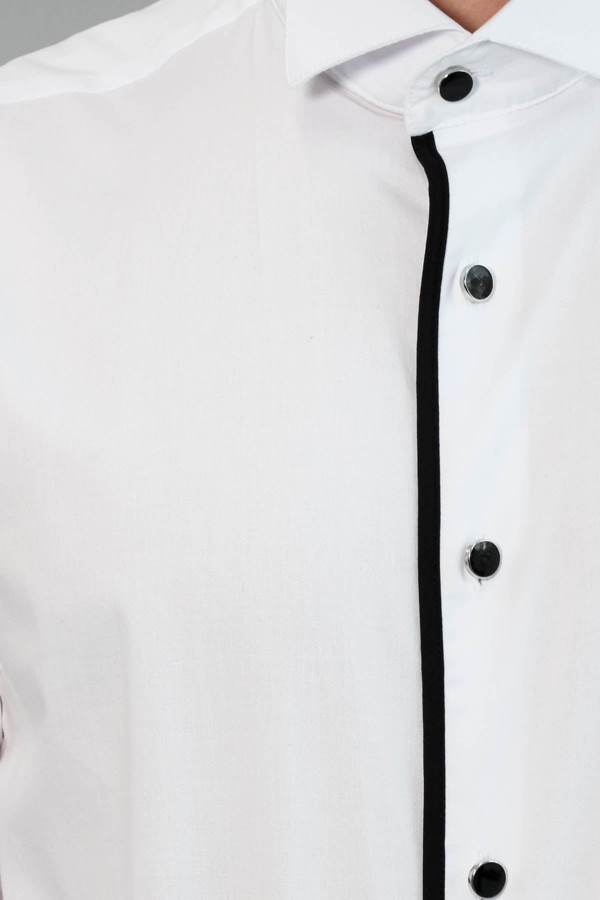 Black Stripe Detailed White Men Tuxedo Shirt - Wessi