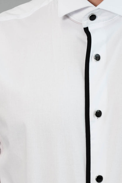 Black Stripe Detailed White Men Tuxedo Shirt - Wessi