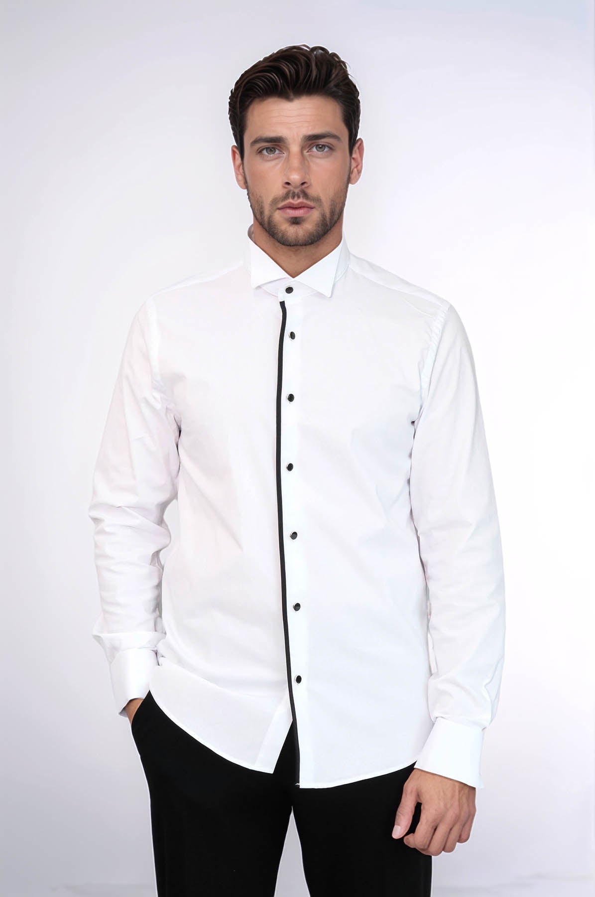 Black Stripe Detailed White Men Tuxedo Shirt - Wessi