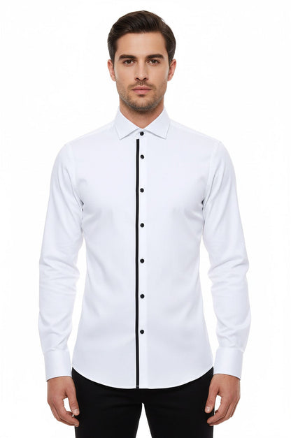Black Buttoned Long Sleeves White Men Tuxedo Shirt - Wessi
